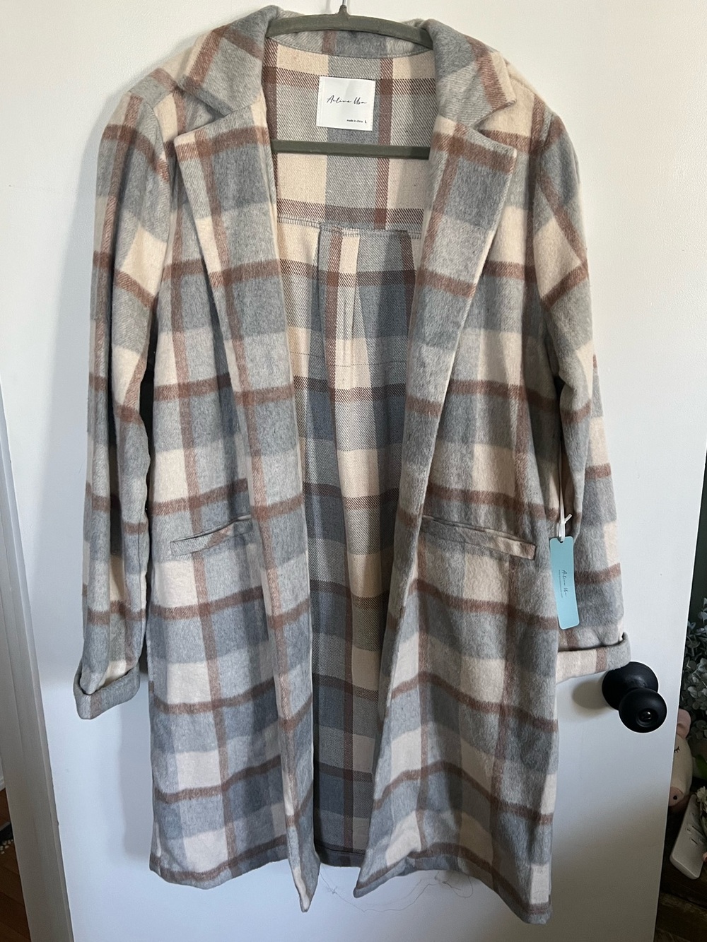 Mod Boutique Gray Cream & Brown Plaid Open-Front Trench Coat Harvest Style Fall